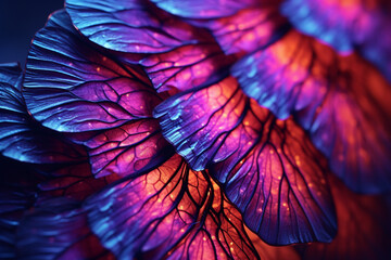 A detailed macro capture of the mesmerizing 3D patterns and vibrant colors on a butterfly wing, against a deep magenta background with a radiant jade tree.