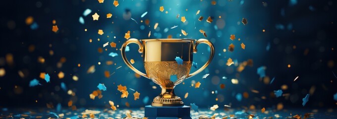 a trophy on a blue background with confetti scattered around