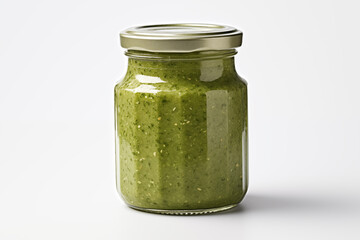 Green pesto sauce in a glass jar isolated on white background. Close up mockup - obrazy, fototapety, plakaty