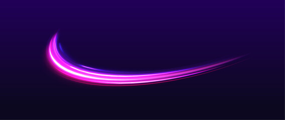 Particle motion light effect. Abstract fire flare trace lens flares. Long exposure of motorways as speed. Night motorway with light effects in neon colors purple.