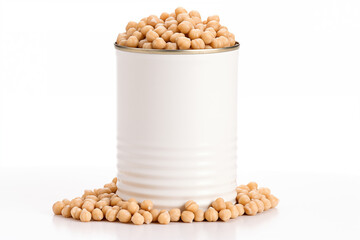 Canned chickpeas in open tin can on a white background. Mockup close up