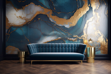 A golden resin geode encapsulates an abstract marble wallpaper, an exquisite fusion of art and luxury, perfect for refined wall decor. - obrazy, fototapety, plakaty