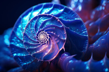 A high-definition capture highlighting the intricate spirals and textures of a seashell, set against a deep cobalt background resembling the ocean depths. - obrazy, fototapety, plakaty