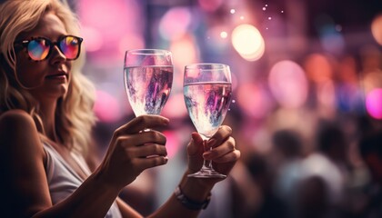 blond woman hands with pink cocktails holding glasses