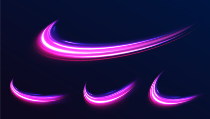 Neon stripes in the form of a sow road or a racing track. light road in the form of a swirl, neon color. Speed line with sports cars. Technology stream design illustration.	