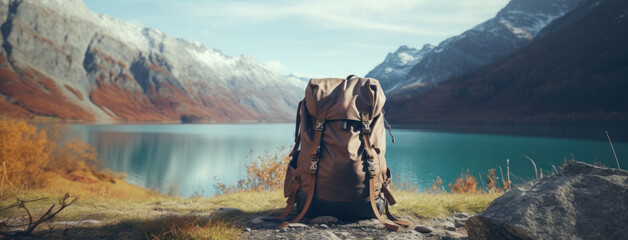 backpack and boots next to a lake