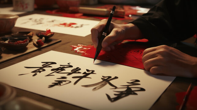 Calligraphy Artists Writing Spring Festival Couplets.