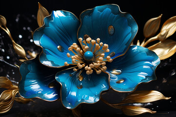 A mesmerizing blossom adorned in petals painted in a vivid cerulean blue, accented by shimmering streaks of radiant gold.