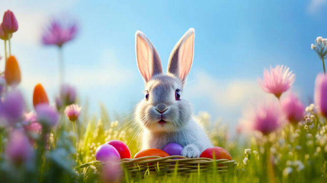 White Easter fluffy cute bunny sitting on green grass pink flowers lawn. Sunny festive day, blue sky with small clouds, ears glowing in the sun, colorful eggs in wicker basket. Tilt Shift postcard