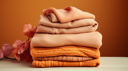 stack of clothes in clean fashionable color trend apricot crush - obrazy, fototapety, plakaty