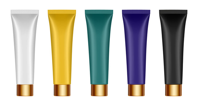 Set of white, gold, green, purple and black tubes with gold caps. Cosmetic tube mockup. 3d illustration. Serum or cream.	