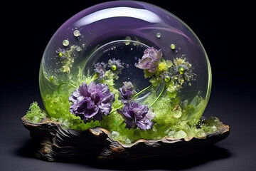 Glowing peridot and platinum liquid marble flowers adorning an enchanting lilac-toned resin geode canvas.