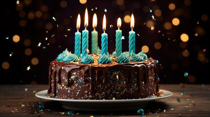 Chocolate birthday cake with blue candles on the table.