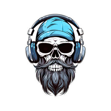 Skull with beard mustache in the hipster hat and headphone. Vector illustration design.
