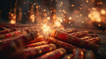 Firecrackers being set off to celebrate the festival. - obrazy, fototapety, plakaty
