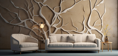 A picturesque view of intricate branch patterns against a solid wall, creating a mesmerizing backdrop for a room furnished with a cozy sofa.