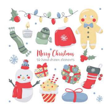 Christmas set of graphic cliparts elements, hand drawn style. Isolated image on white background. Cartoon Christmas icons in color.