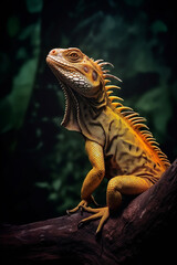 Fototapeta premium a yellow iguana at tree in a dark background created with Generative Ai