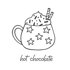 Cute cozy card with hot chocolate. Mug with delicious drink and cream in doodle style. Black Line drawn cup isolated on white. Design element