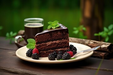 a piece of chocolate cake sitting on top of a white plate next to a cup of coffee and a strawberries and raspberries on top of the plate.