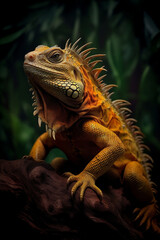 a yellow iguana at tree in a dark background created with Generative Ai