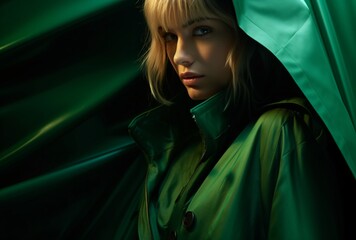 A woman wearing a green jacket and holding a green umbrella Generative AI