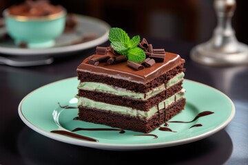  a piece of chocolate cake on a plate with a mint sprig on the top of the slice and chocolate sauce drizzled on the bottom of the cake.