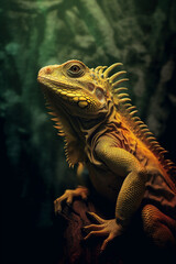 Obraz premium a yellow iguana at tree in a dark background created with Generative Ai