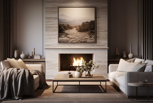 A cozy living room with a fireplace and a painting on the wall Generative AI