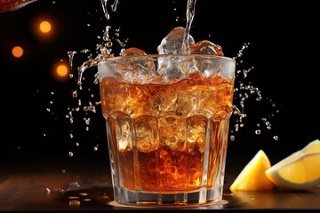  a glass filled with ice and water next to a slice of lemon and a glass of water with ice and lemon wedges on a wooden table with a black background.