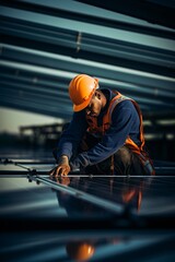 A Man in a Hard Hat Working on Solar Panels Generative AI