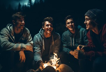 Four friends enjoying a camping trip together Generative AI - obrazy, fototapety, plakaty