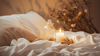 A cozy bedroom scene with a lit candle, a jar of flowers, and a white pillow Generative AI