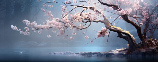 A beautiful tree with pink flowers in a serene lake setting Generative AI