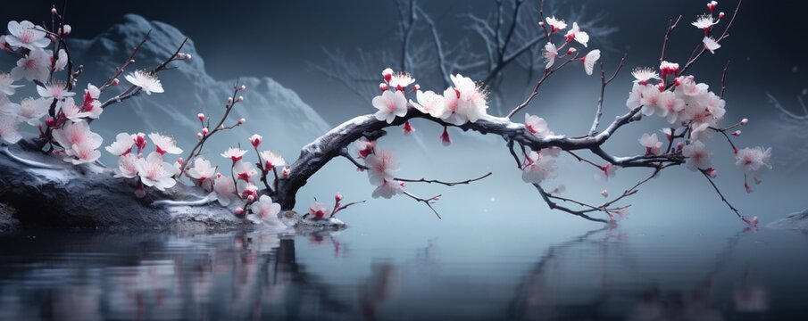 A beautiful blossoming tree branch with pink flowers in a serene lake setting Generative AI