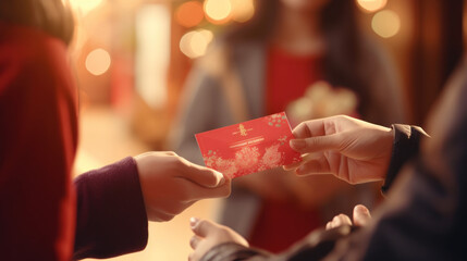 People exchanging red envelopes hongbao as gifts.