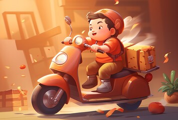 Smiling Asian Child Riding a Red Scooter Generative AI
