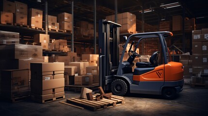 A large forklift with a blue and orange color scheme, parked in a warehouse with a large number of cardboard boxes surrounding it. Generative AI