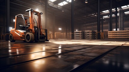 A large orange forklift in a warehouse Generative AI