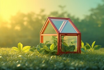 A Red House with a Green Roof and Plants Growing Out of the Windows Generative AI