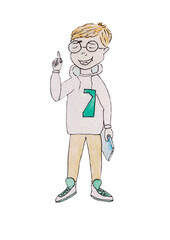 The character, a boy, conveys emotions and movements, actions, rides a yellow scooter with a backpack in a white T-shirt and light trousers, pants in sneakers, thinks,sits,reads a blue book,stands