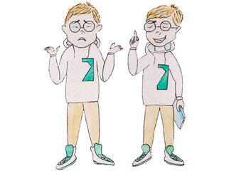 The character, a boy, conveys emotions and movements, actions, rides a yellow scooter with a backpack in a white T-shirt and light trousers, pants in sneakers, thinks,sits,reads a blue book,stands