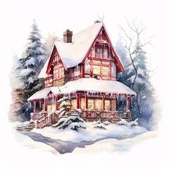 A cozy red house with snow on the roof and steps Generative AI