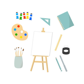 Painting tools elements vector set. Art supplies: easel with canvas, paint tubes, brushes, pencil, palette. Flat cartoon style. 