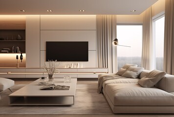 A Clean and Modern Living Room with White Furniture and a Large Flat Screen TV Generative AI