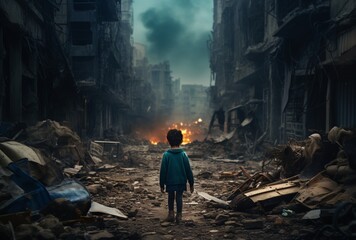 A Boy in a Blue Jacket Stands in a Destroyed City Generative AI