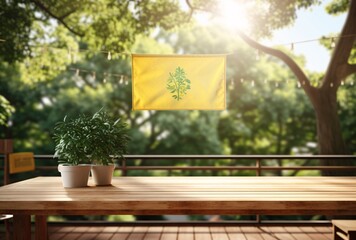 A beautiful garden scene with a yellow flag and a potted plant on a wooden table Generative AI