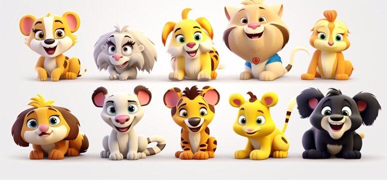 A collection of six different cartoon animal characters, including a lion, a cat, a mouse, and a tiger, all smiling and posing for the camera. Generative AI