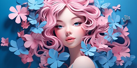 Pink Hair - A Dreamy, Pink-Haired Woman with Blue Eyes and Pink Hair, Adorned with Blue Flowers Generative AI