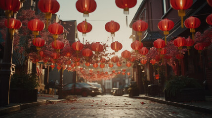 Red lanterns decorating the streets for the Spring Festival.